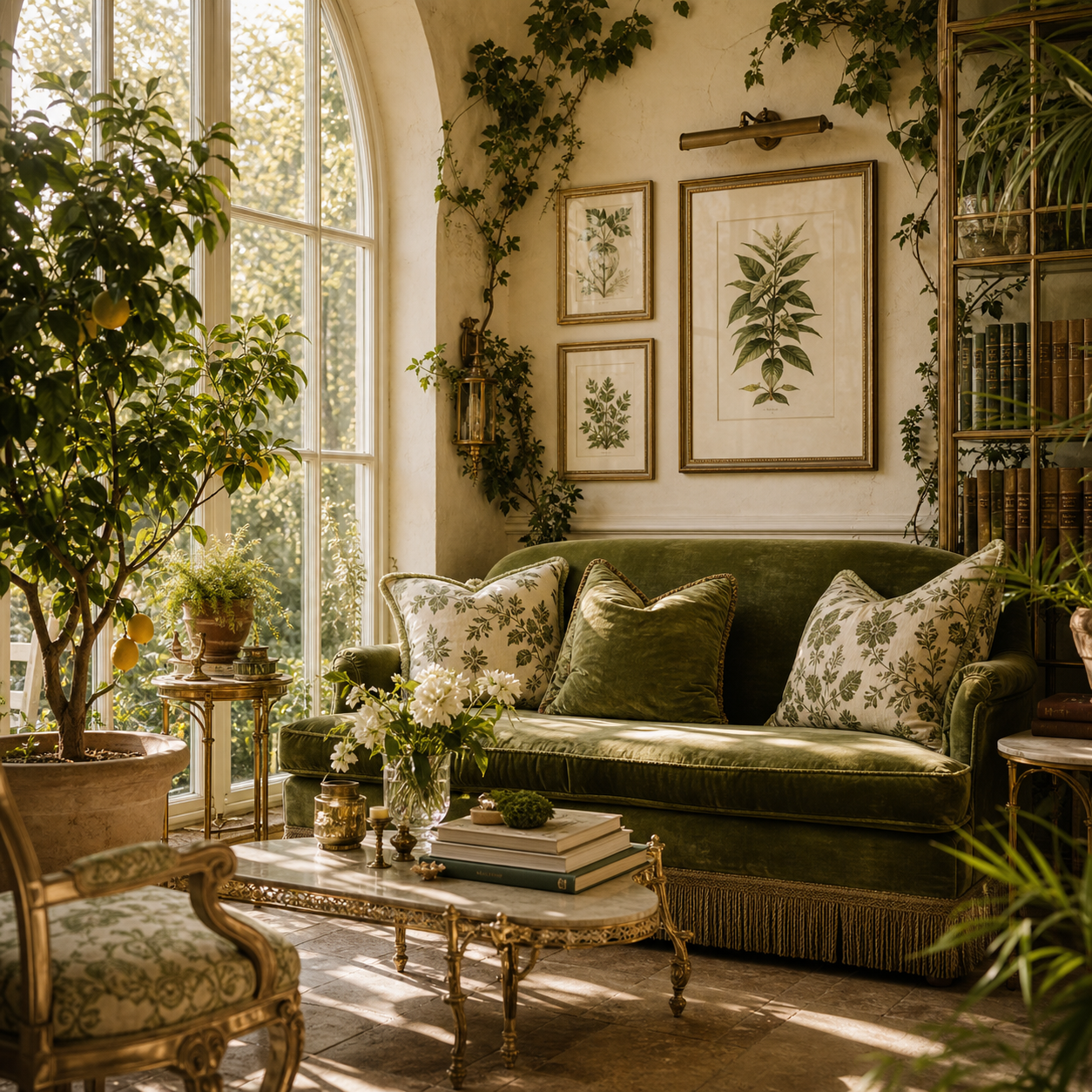 A refined botanical garden room with moss green seating and conservatory light