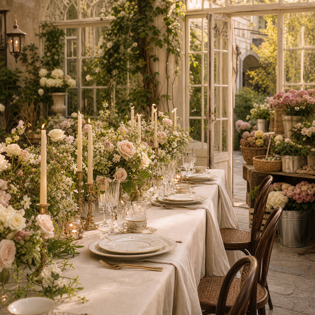 A romantic conservatory tablescape with blush flowers and antique glassware