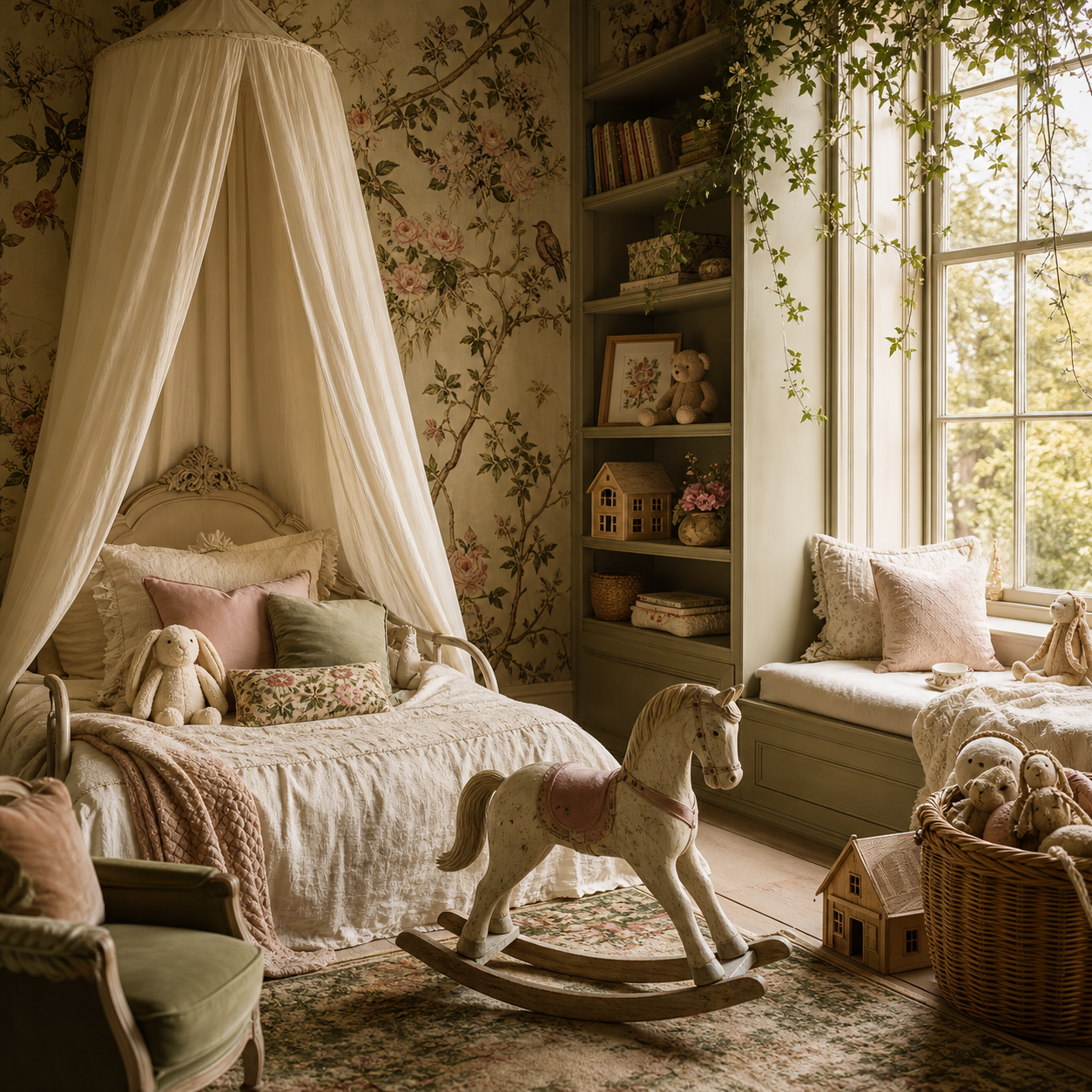 A whimsical botanical children's room with a canopy bed and heirloom toys